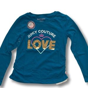 NWT Juicy Couture Girls Long Sleeve “Love” Tee -Deep Lagoon- Size M (8/10)